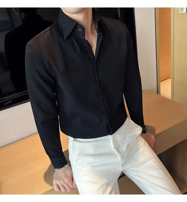 Waffle Spring Autumn Men's Shirt Casual and Slim Long Sleeve Solid Polo Neck Shirt Non Iron Wrinkle Resistant Business Tops