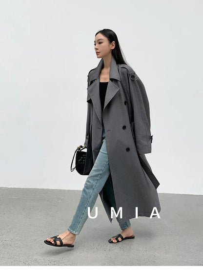 Lautaro Spring Autumn Oversized Khaki Long Grey Trench Coat for Women Double Breasted Loose Casual Korean Fashion Overcoat 2024