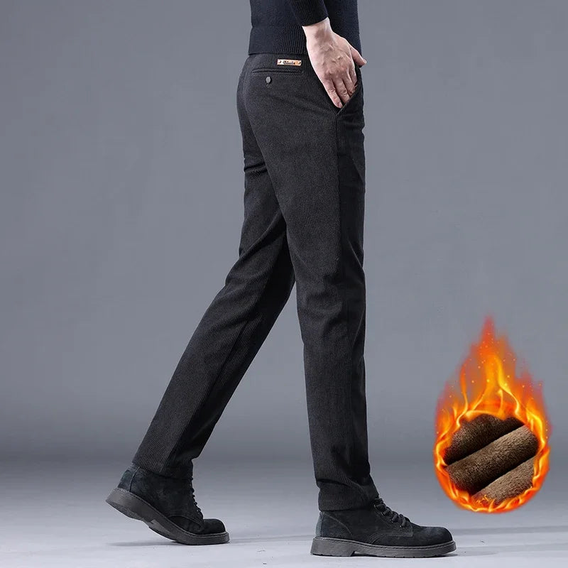 Fleece Men's Corduroy Casual Pants Chenille Stretch Solid Color Business Trousers Thickened Warm Winter Thermal Male Clothing