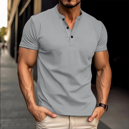 2024 Best-Selling Men's Henry Shirt Solid Color Crewneck Button-Down Men's Short-Sleeved Casual And Comfortable Men's Clothing