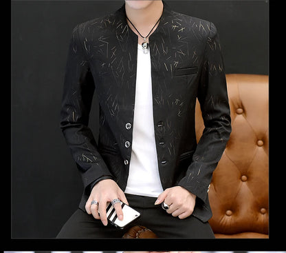 Men's Printed Small Suit Male Korean Version of The Self-cultivation Stand-up Collar Chinese Tunic Casual Suit Thin Jacket Youth