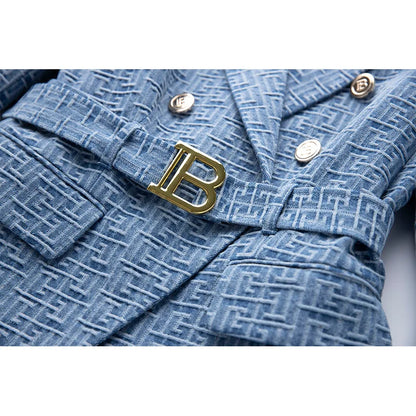 Custom Luxury Washed Fabric Wholesale Geometric Pattern Denim Jackets for Ladies Women Fashion Blazer with Belt