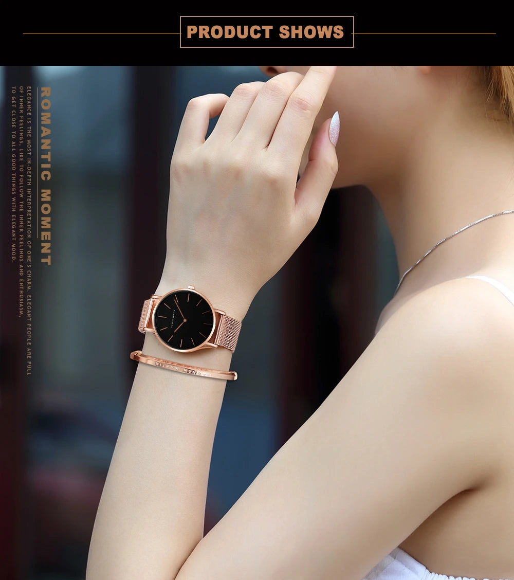 Hannah Martin Women Watch Original Imported Japanese Movement Stainless Steel Mesh Belt Classic Minimalist Wind Rose Gold Watch