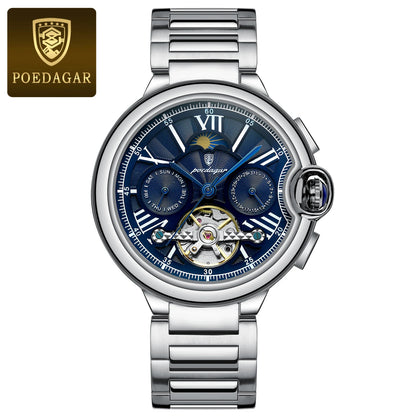 POEDAGAR Luxury Man Watch Hollow Tourbillon Automatic Mechanical Men Watch Waterproof Date Week Stainless Steel Men's Watches