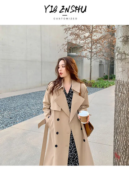 Streetwear Loose Trench Coat Midi Length Fashion Korean Elegant Khaki Black Women's Windbreaker Coat Casual Double Breasted Tops