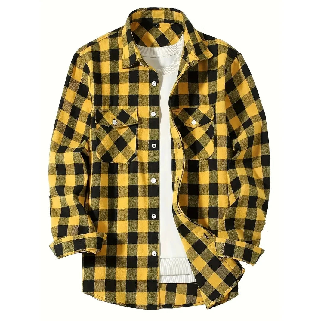 2024 Autumn Men Jacket Tops Single Breasted Casual Plaid Shirt Long Sleeve Chest Double Pocket Hip Hop Design Stitching ShirtS