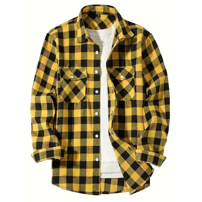 2024 Autumn Men Jacket Tops Single Breasted Casual Plaid Shirt Long Sleeve Chest Double Pocket Hip Hop Design Stitching ShirtS