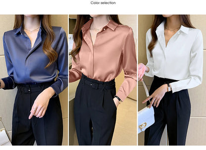 Satin Women Shirt Vintage Long Sleeve Blouse Women Silk Elegant Womens Tops Commuting Luxury White Shirt Autumn Female Clothing