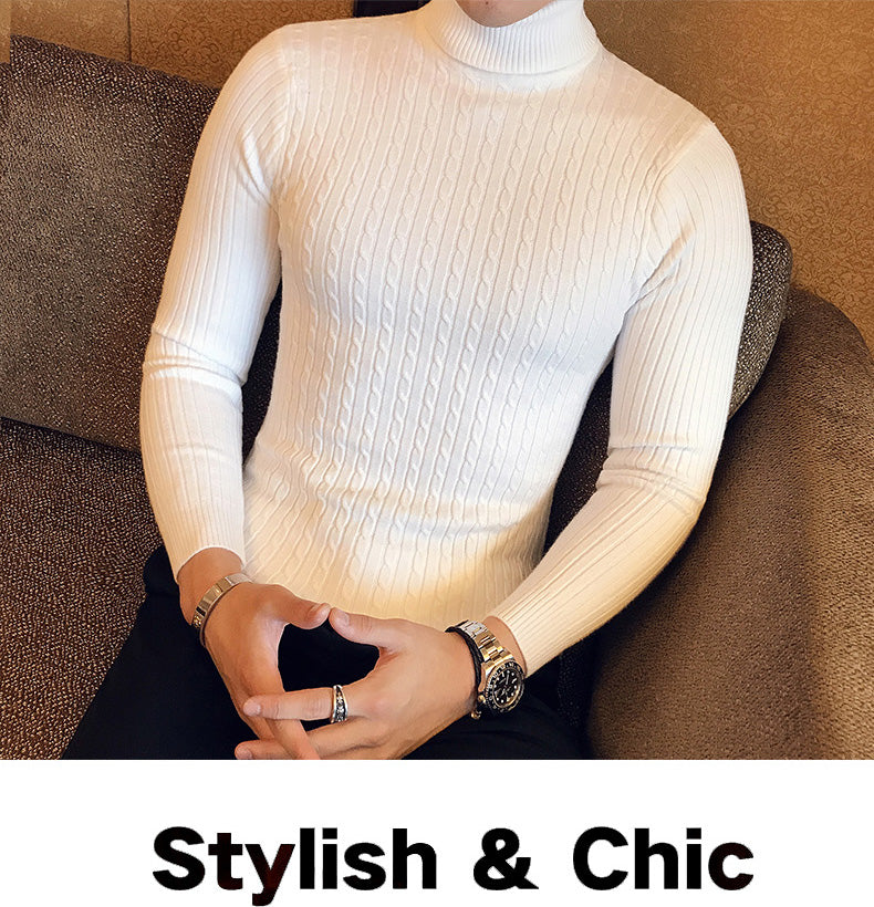 Mens Turtleneck Sweaters Winter Warm Knit Pullover Korean Cotton Solid Color Casual Slim Sweater Male Clothing Bottoming Shirt