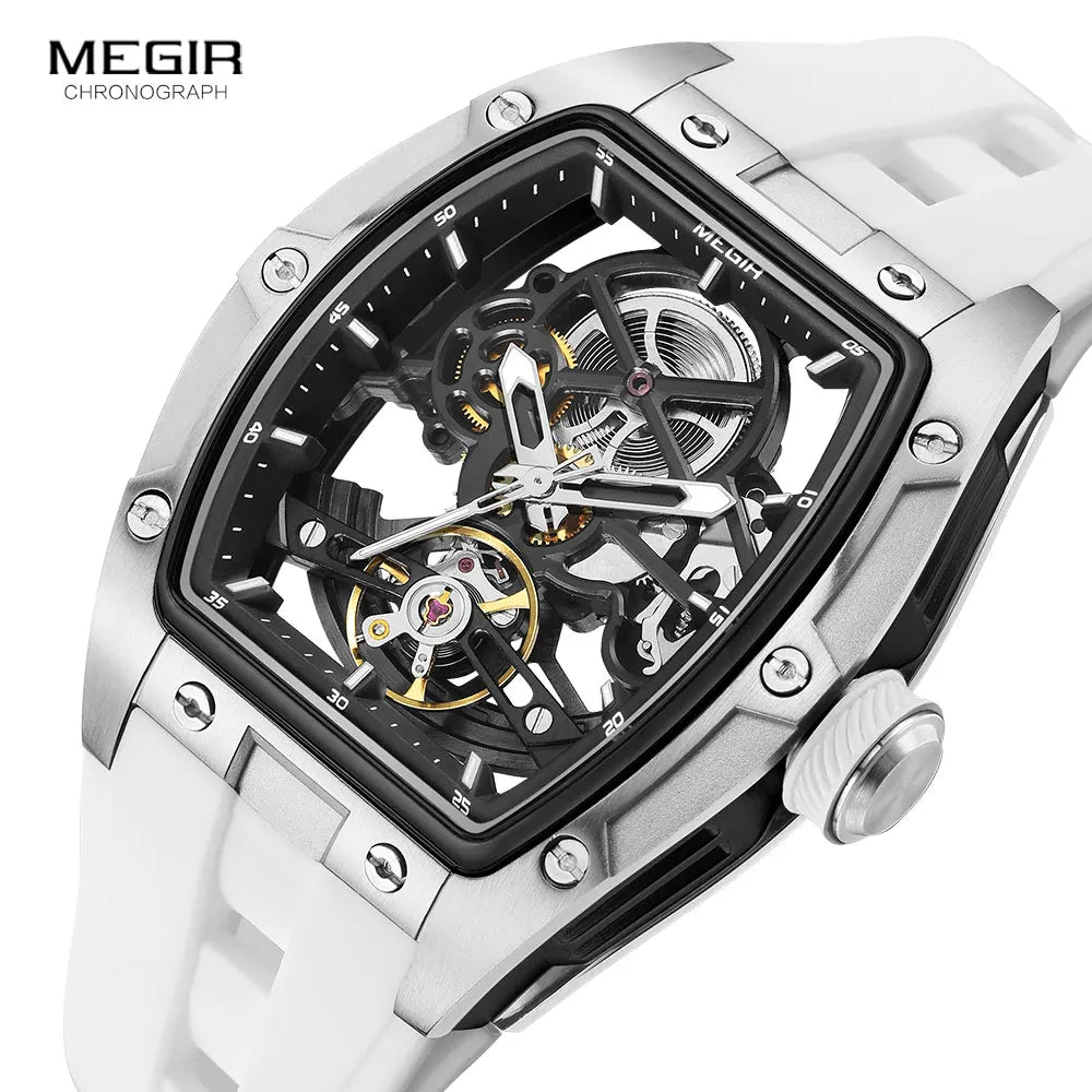 MEGIR 2242 Mechanical Watch for Men Fashion Military Sport Analog Automatic Wristwatch with White Silicone Strap Tonneau Dial