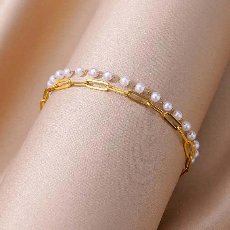 Anklets for Women Summer Beach Accessories Stainless Steel Imitation Pearl Chain Anklet Gold Color Leg Bracelets Bodychain Gifts