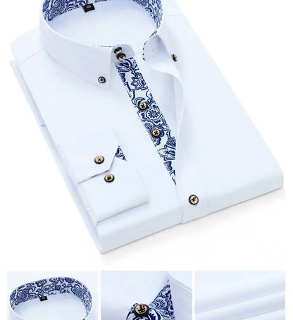 Blue and White Men's Dress Collar Shirt Long Sleeve Solid Color Printing Casual Business Slim Fit Cotton Shirts Anti-Wrinkle