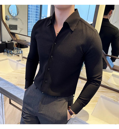 Autumn Solid Color Waffle Shirt Men Slim Fit V Neck Long Sleeve Casual Business Formal Dress Shirts Social Party Streetwear 4XL