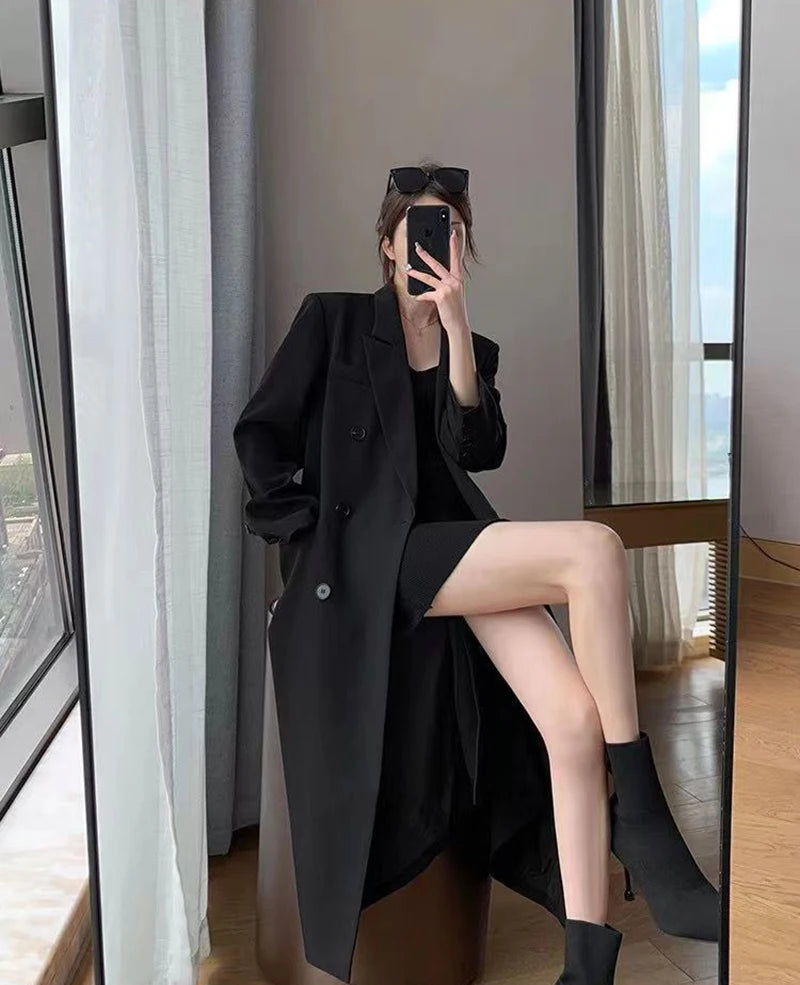 Long Trench Coat Women Office Lady Elegant Double Breasted Blazer Jacket Streetwear Overcoats Korean Harajuku Casual Windbreaker