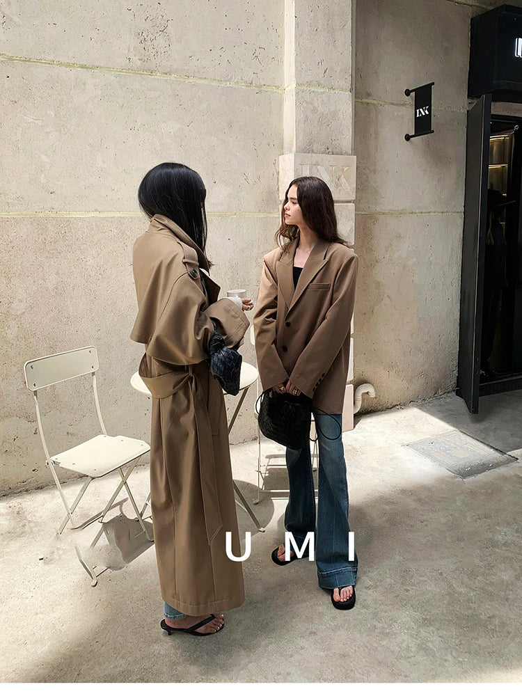 Lautaro Spring Autumn Oversized Khaki Long Grey Trench Coat for Women Double Breasted Loose Casual Korean Fashion Overcoat 2024