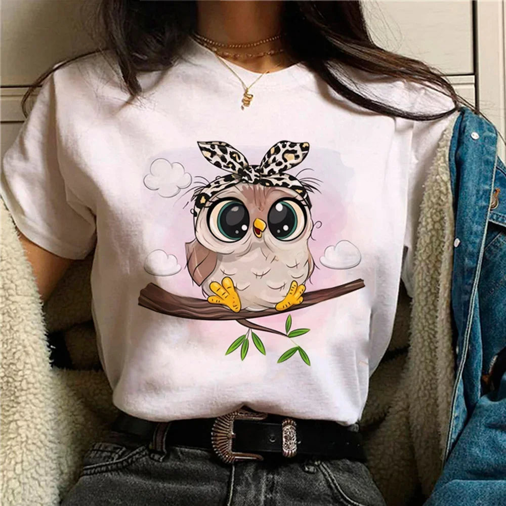 Owl T-shirt Girl Aesthetic Graphic Women Retro Comfortable T-shirt Pop Culture Colorful Kawaii Psychedelic Punk 2000s