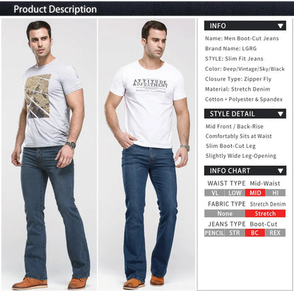 Mens Boot Cut Jeans Slightly Flared Slim Fit Blue Black Trousers Designer Classic Male Stretch Denim Pants