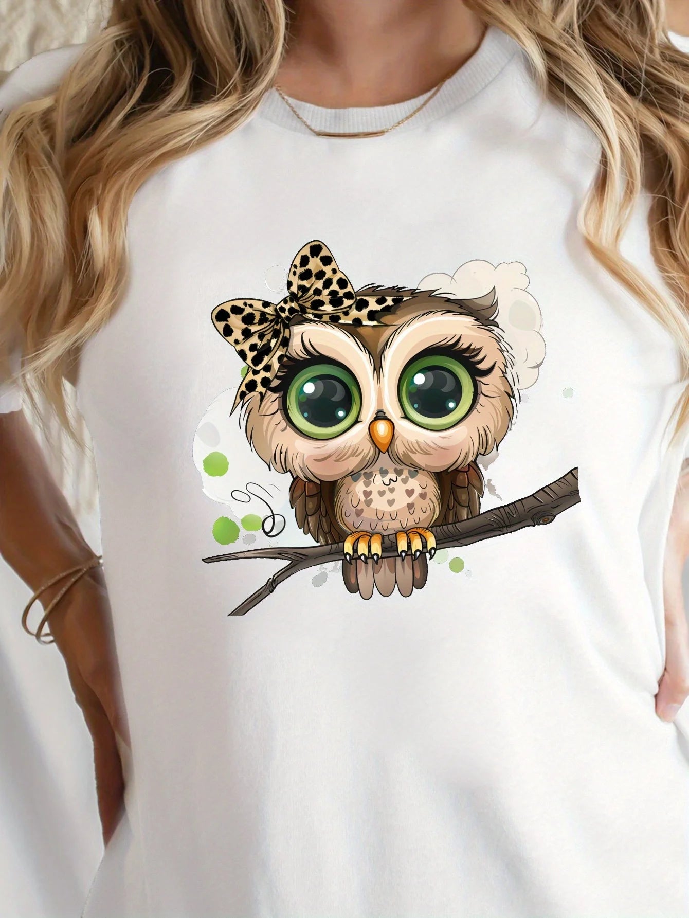 Cartoon Owl Print Crew Neck T-shirt Casual Short Sleeve Top for Spring & Summer Women's Clothing