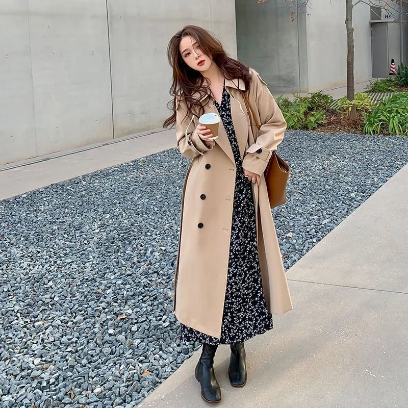 Streetwear Loose Trench Coat Midi Length Fashion Korean Elegant Khaki Black Women's Windbreaker Coat Casual Double Breasted Tops