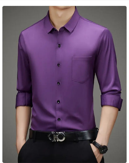 100% Mulberry Silk Shirt Men High Quality Long Sleeve Pocket High-end Business Casual Elastic Anti-wrinkle Non-iron Mens Shirts