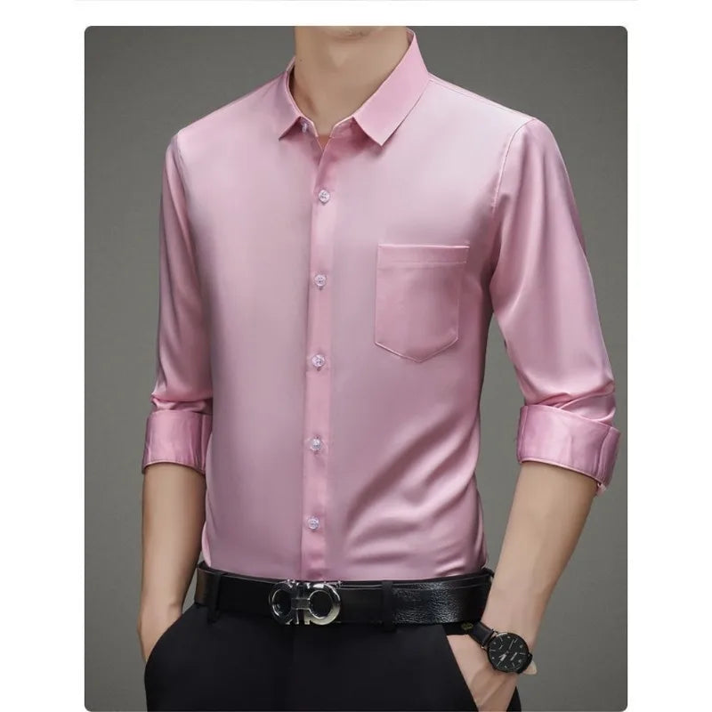 100% Mulberry Silk Shirt Men High Quality Long Sleeve Pocket High-end Business Casual Elastic Anti-wrinkle Non-iron Mens Shirts