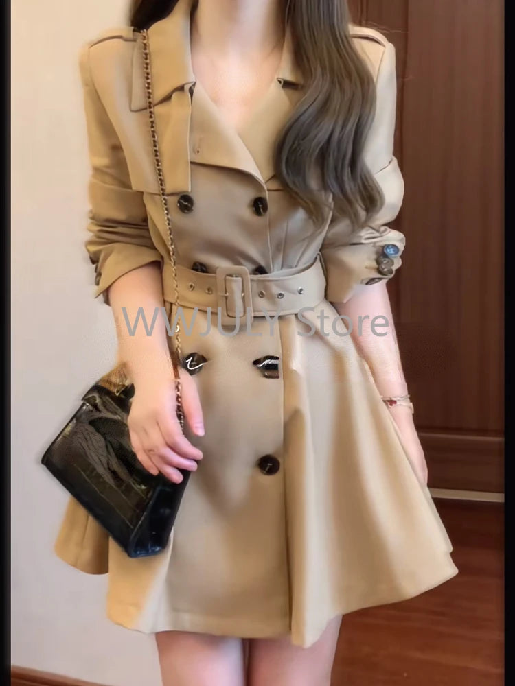 Autumn Winter Woman Korean Fashion Tops Trench Coats Elegant Khaki Turn Down Collar Long Sleeve High Waist Slim A Line Jackets