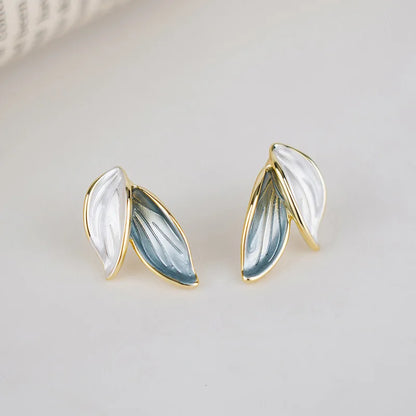 Sweet Leaf Stud Earrings For Women Fresh Blue And White Plant Ear Stud Exquisite Metal Style Earrings Elegant Jewelry Gift