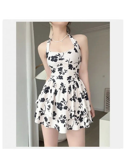 Women Sexy Halter Bandage Floral Print Double Layer Ruffle Mini Skirt One Piece Swimsuits Summer Push Up Beach Bathing Swimwear