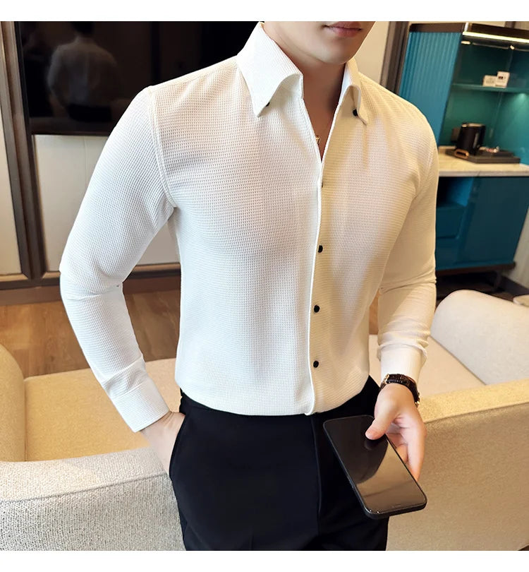 Autumn Solid Color Waffle Shirt Men Slim Fit V Neck Long Sleeve Casual Business Formal Dress Shirts Social Party Streetwear 4XL