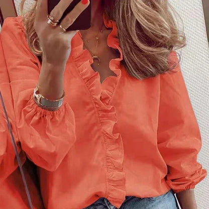 2025 Vintage Ruffles Women Blouses Autumn Long Sleeve Office Lady Elegant Tops Cotton Casual Tops V-neck Shirt Clothing