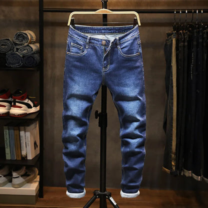 2023 Spring and Autumn New Classic Fashion Solid Color Elastic Small Foot Pants Men's Casual Slim Comfortable High-Quality Jeans