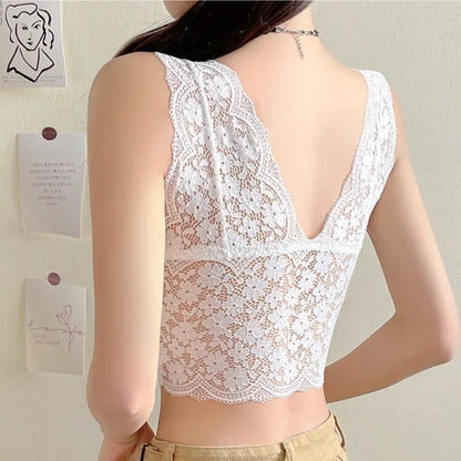 Lace Bras Top Women Deep V Neck Sexy Lingerie Wire Free Bra Tank Tops Female Underwear V Back Bralette Padded Camisole