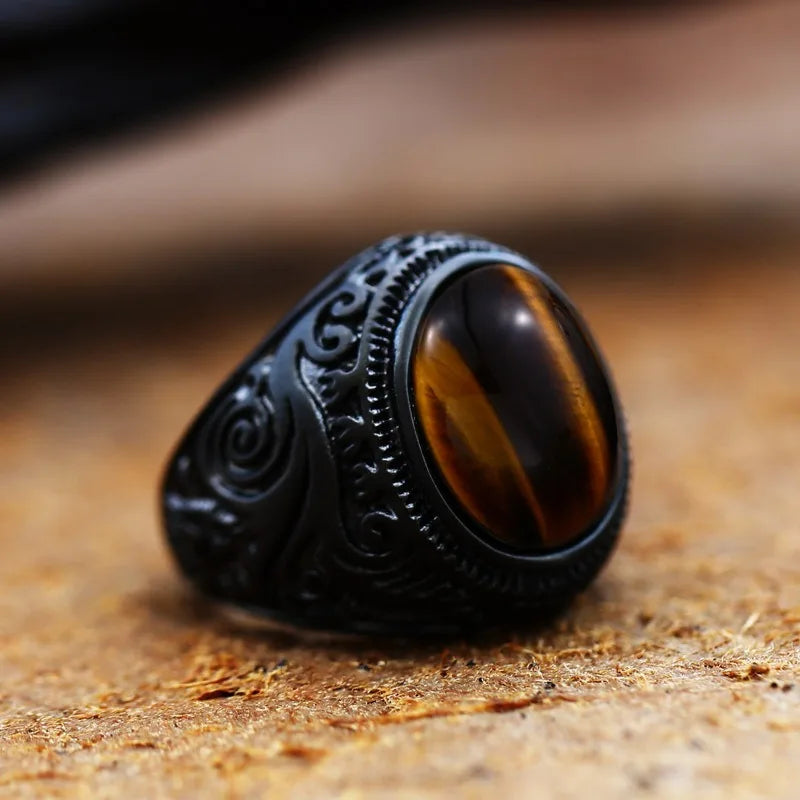 Vintage Handmade Turkish Black Zircon Rings Retro Men Stainless Steel Tiger Eye Stone Rings Classic Wedding Engagement Jewelry