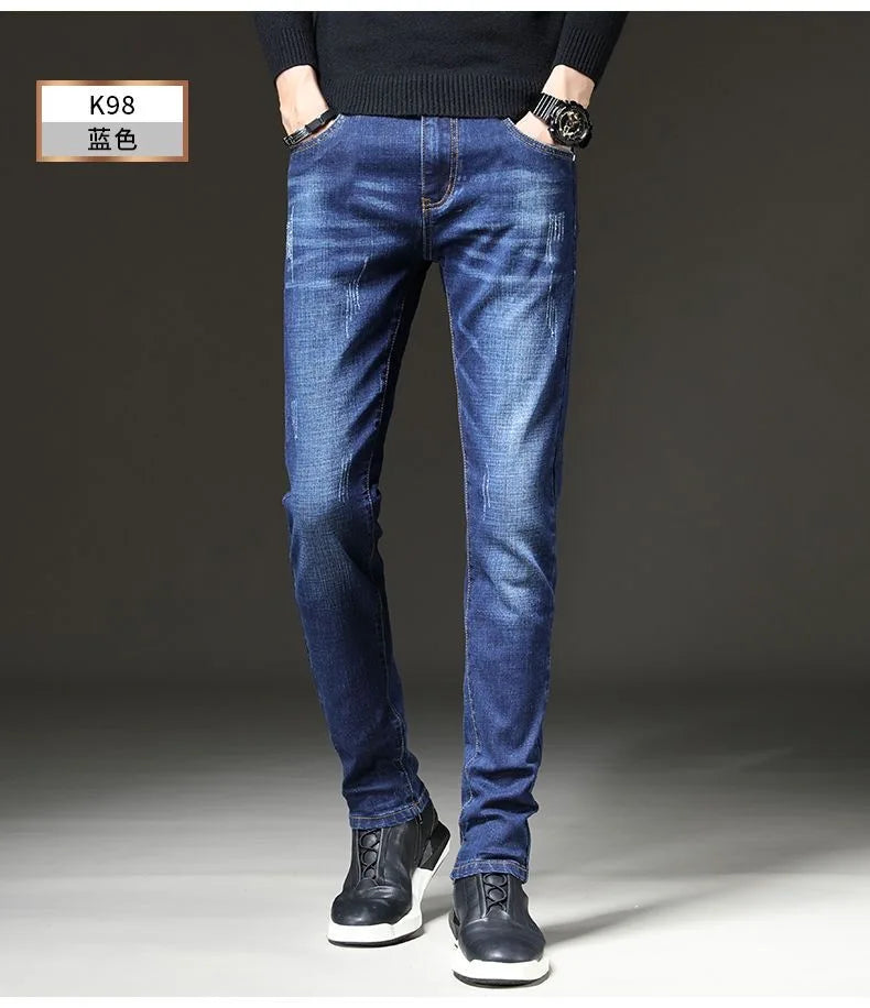 2023 Spring and Autumn New Classic Fashion Solid Color Elastic Small Foot Pants Men's Casual Slim Comfortable High-Quality Jeans