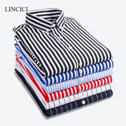 M-5XL 2023 Autumn New Men's Striped Shirt Solid Casual Long Sleeve Slim Fit Korean Edition Business Formal Laydown Shirt