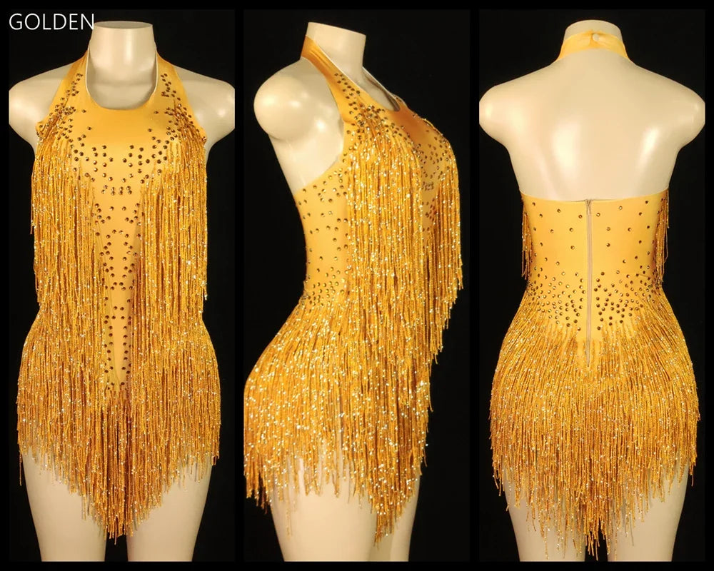 Sparkly Crystals Fringes Bodysuit Sexy Tassel Leotard Jazz Dance Costume One-piece Stage Wear Dancer Performance Show Clothing