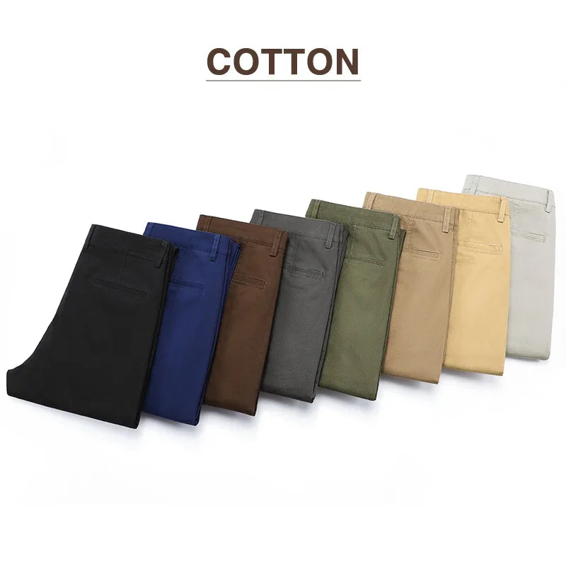 97% Cotton Men's Casual Pants Autumn Fashion Comfortable Elastic Slim Straight Business Trousers Black ArmyGreen Khaki