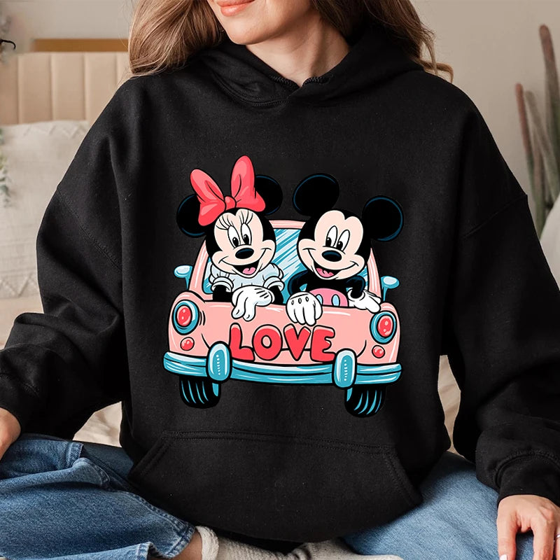 Mickey Minnie Disney Mouse Love Car Print Hoodie for Women Sports Sweatshirt Casual Tops Loose Clothing