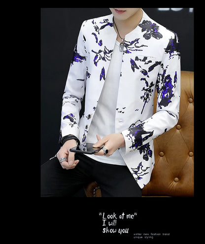 Men's Printed Small Suit Male Korean Version of The Self-cultivation Stand-up Collar Chinese Tunic Casual Suit Thin Jacket Youth