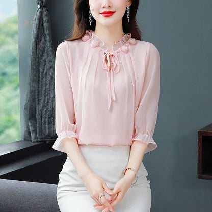 M-4XL Spring Summer Women Tops 2025 New Fashion Chiffon Blouse Petal Collar Half Sleeve Bow tie Loose Casual Shirt