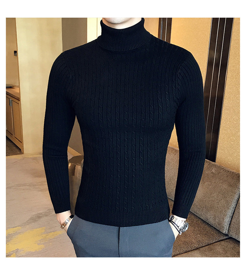 Mens Turtleneck Sweaters Winter Warm Knit Pullover Korean Cotton Solid Color Casual Slim Sweater Male Clothing Bottoming Shirt