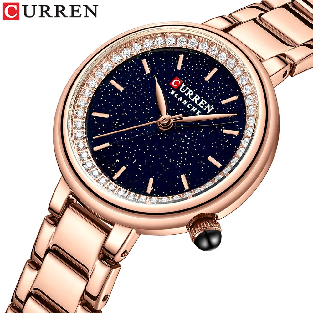 CURREN Luxury Brand Women's Wristwatches with Starry Sky Dial Stainless Steel Band Quartz Watches Ladies Rhinestones Clock