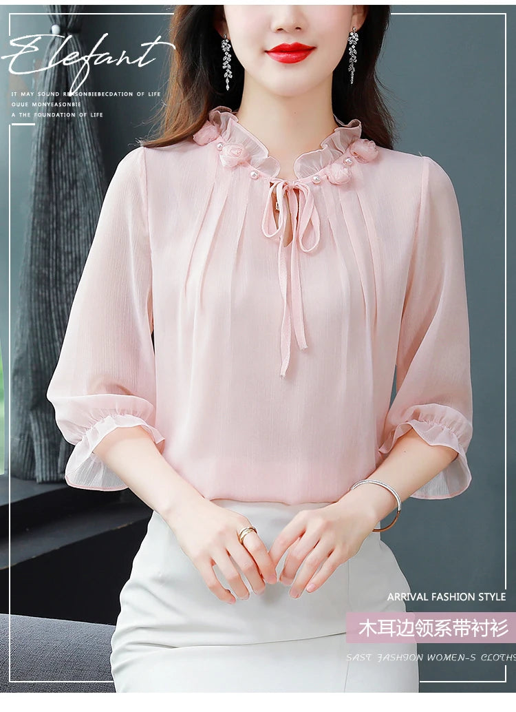 M-4XL Spring Summer Women Tops 2025 New Fashion Chiffon Blouse Petal Collar Half Sleeve Bow tie Loose Casual Shirt