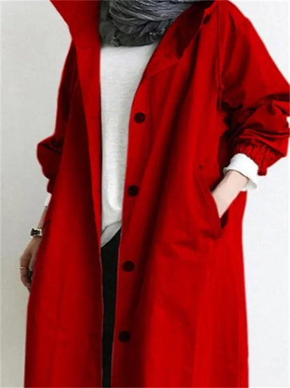 2025 Spring Autumn Casual Korean Fashion Hooded Medium Long Overcoat Loose Windproof Coat Women Trench Coat Solid Color Pocket