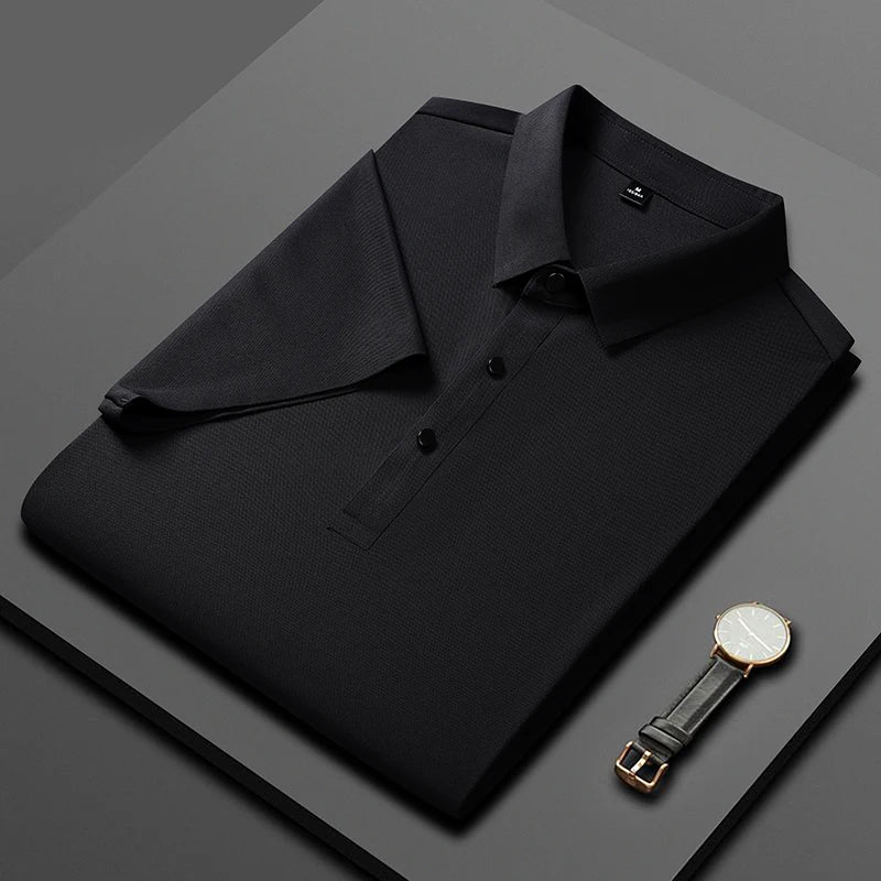 Golf Solid Ice Silk Traceless Silk Loose Polo Shirt Short Sleeve T-shirt Men's Elastic Ironless Thin Polo Neck Light Luxury