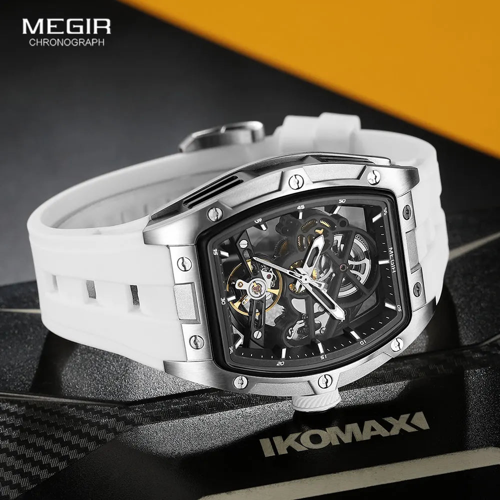 MEGIR 2242 Mechanical Watch for Men Fashion Military Sport Analog Automatic Wristwatch with White Silicone Strap Tonneau Dial