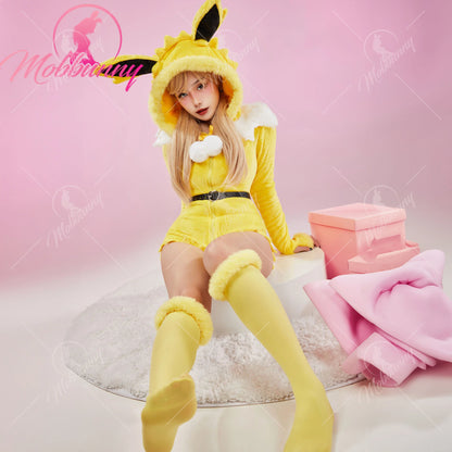 Mobbunny PM Derivative Cosplay Costume Women Sexy Lingerie Bodysuit Plush Hooded Romper and Socks with Belt and Scarf  Halooween