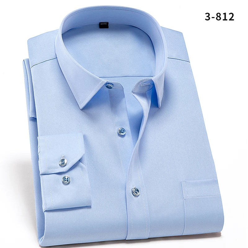 2024 Non-Iron Solid Stretch Shirts for Men Long Sleeve Dress Shirt Men Regular Fit with Front Pocket Soft Easycare Formal Top