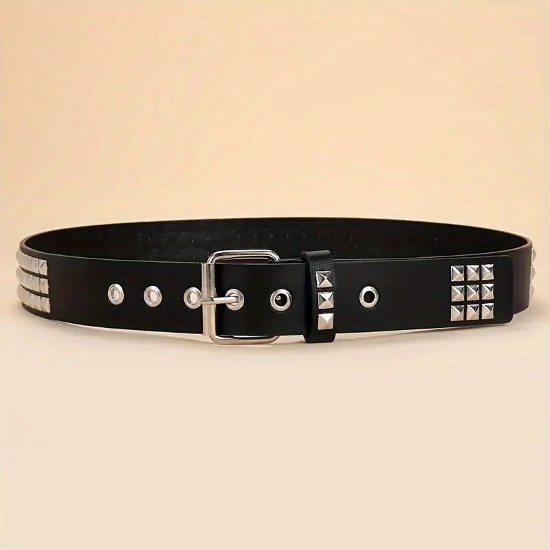 Punk style rivet belt set, equipped with stainless steel square buckle, PU panel material, male and female pyramid rivet decorat