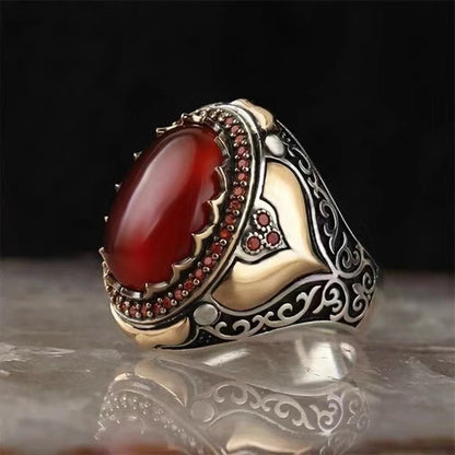 Trendy Handmade Middle East Arabic Turkish Signet RingS For Men Ancient Silver Color Red Garnet Stone Flame Ring Wedding Jewelry